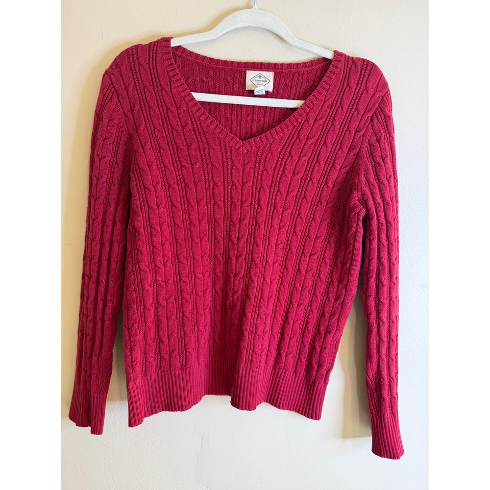 St John's Bay Womens PL Petite Large Red Cable Knit Sweater V Neck Preppy - Picture 1 of 6